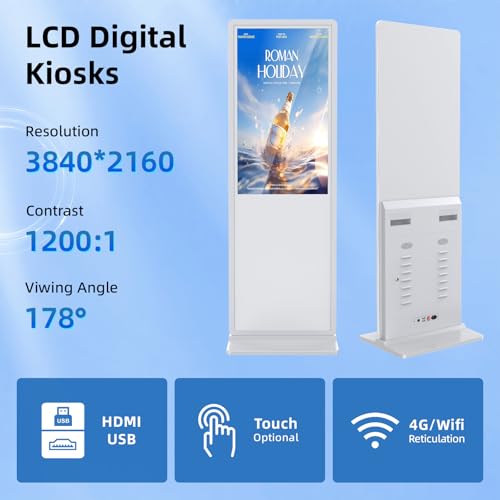 Image of 55 Inch 4K Digital Signage Display,Indoor Floor Standing TouchScreen Advertising Display Kiosk Android System,Commercial LCD Totem Support HDMI-in,Free Customization Stickers and CMS System(White)