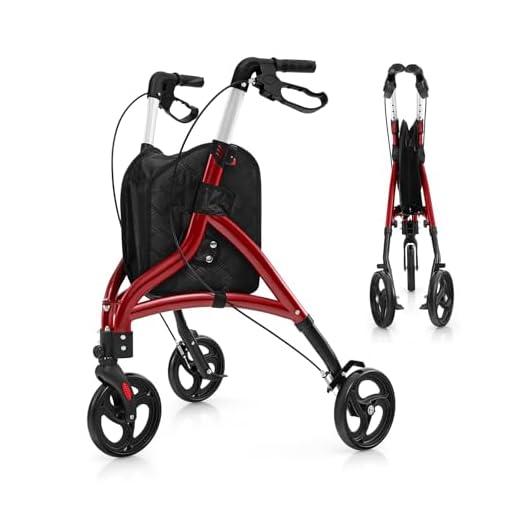 GOPLUS Foldable and Lightweight Rollators Aluminium with 6-Way Adjustable Height, Home Rollator with 3 Wheels & Storage Bag for Any Terrain, Walking Aid for Seniors & Adults (Red)