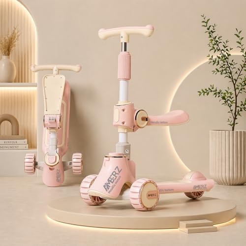 Image of 3-in-1 Convertible Foldable Kids Skating Style Cycle Kick Scooter for 3-14 Years Old Kids with 5-Level Height Adjustable Handle | LED PU Flashing Wheels | Max Capacity 75 Kg.(Pink)