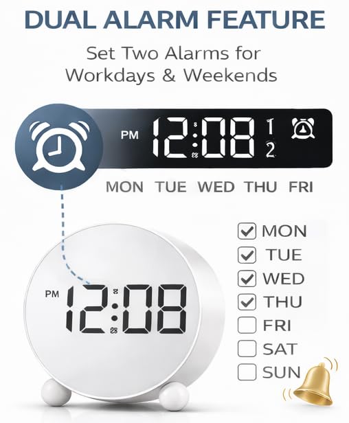 Image of Zollyss Alarm Clock for Study Table | Digital Alarm Clock with Round LED Display & Double Bell | Dual Alarm, 3-Level Brightness | Desk & Table Clock for Bedroom, Office (White)