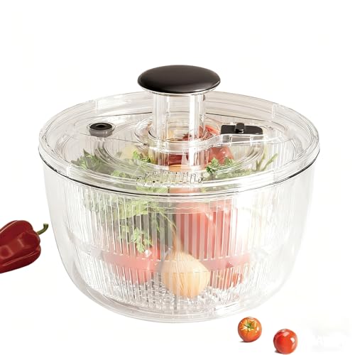 サラダスピナー 野菜水切り器 大容量5L プッシュ式 レバー不要 分離設計 コンパクト収納 高速脱水 一按即停 キッチン道具 調理器具 サラダボウル 麺類 パスタ 湯切り 和食 洋食 家庭用 安全安心 (5L,透明)