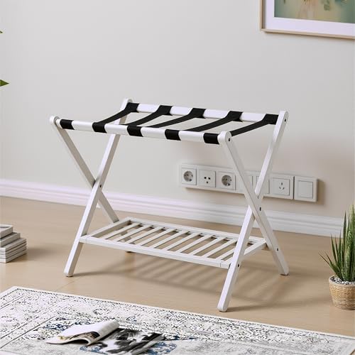 Image of Bamboo Luggage Rack with Shoe Shelf Folding Suitcase Stand with 5 Heavy-Duty Straps for Guest Room Living Room Hotel Ideal Luggage Holder for Suitcases Bags Shoes,White