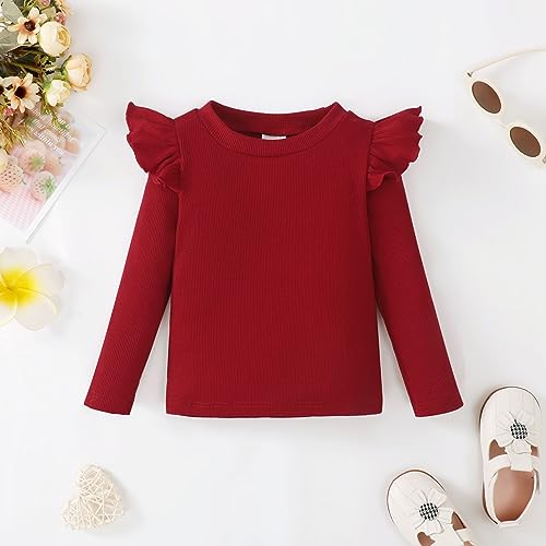 Image of OPAWO Toddler Long Sleeve Shirt Girl Ruffle Sleeve Ribbed Tops Tees Blouses