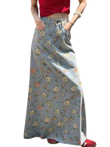 chouyatou Women's Vintage Floral Printed Denim Skirt High Waist Y2K A Line Flare Maxi Long Jean Skirt