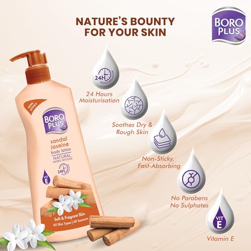 Image of BoroPlus Sandal & Jasmine Body Lotion | Natural Herbs Infused | 24 hrs Moisturisation | For Soft & Fragrant Skin | All Seasons|All Skin Types|No Added Parabens|400ml