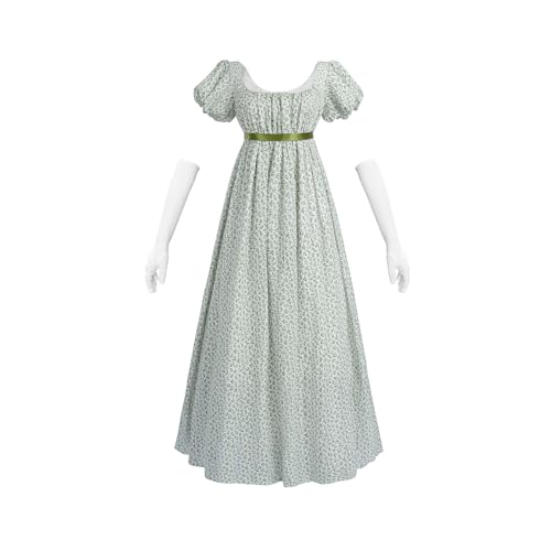 Fiamll Damen Regency Kleider für Frauen Empire Taille Floral Regency Era Kleid Lange Tee Party Kleid Renaissance Kostüm Grüne Blume M