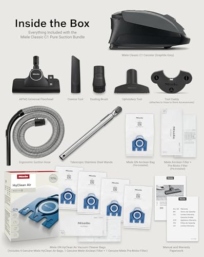 Image of Miele Classic C1 Pure Suction Bagged Canister Vacuum, Graphite Grey - Portable, Household w /AllTeQ Universal Floorhead Bundle - Includes 4 GN FilterBags + AirClean Filter and Pre-Motor Filter