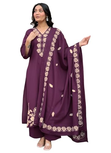 Image of ANNI Designer Women Embroidered Straight Kurta Palazzo Dupatta Set Rayon Viscose Kurti Pant Set Ladies Ethnic Wear for Office Festive Daily Use