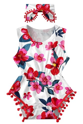 Image of Baby Girls Lovely Lace Junpsuits 3d Floral Printed Pink Red Flower Bubble Short Sleeve Crewnck Unisex Infants Clothes with Tassel Headband Shower Beach Luna Playsuits Clothes 6-12 Months
