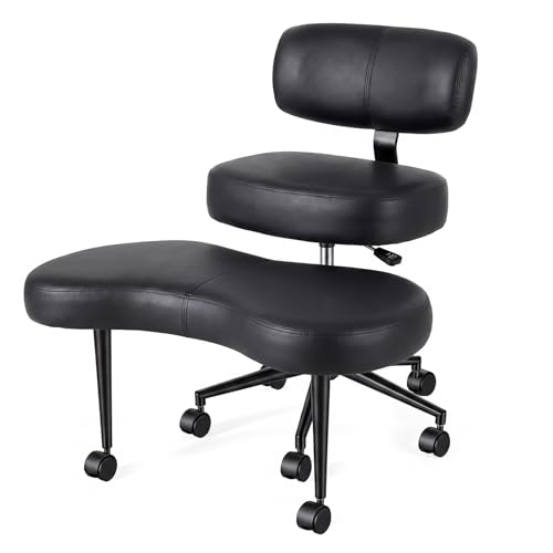 Image of DUMOS Ergonomic ADHD Cross Legged Office Desk Chair with Adjustable Backrest, Height Adjustable Meditation Chair with 360 Swivel Footstool, PU Leather Yoga Stool for Home Office, PU Black