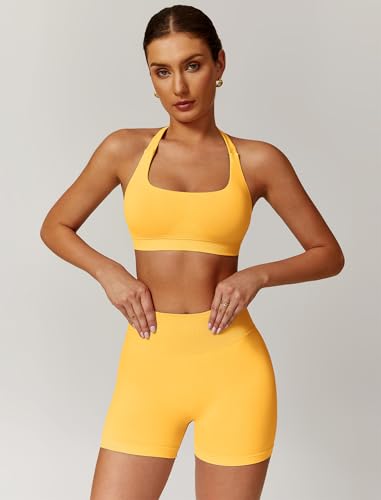 Image of ABOCIW Workout Sets for Women 2 Piece seamless Halter Sports Bra Scrunch Butt Impact Shorts Gym Yoga Outfits