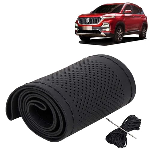 Image of KINGSWAY PU Leatherite Car Steering Cover Sewable Compatible with Morris Garages (MG) Hector (Year 2019-2022), Black Color with Black Thread, Pack of 1 with Sewing Needle and Thread