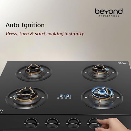 Image of Beyond Appliances Auriga Pro 4 Full Brass Burner Smart Gas Stove | Auto Ignition | Digital Timer | Flame Failure Device | Toughened Glass | ISI Certified, LPG & PNG Compatible, PAN India Service