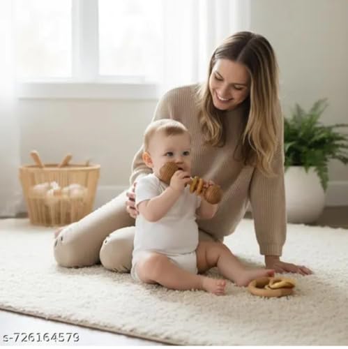 Image of Natural Wood Neem Wooden Teether Set for Babies, Ring Rattle and Grasping Toy
