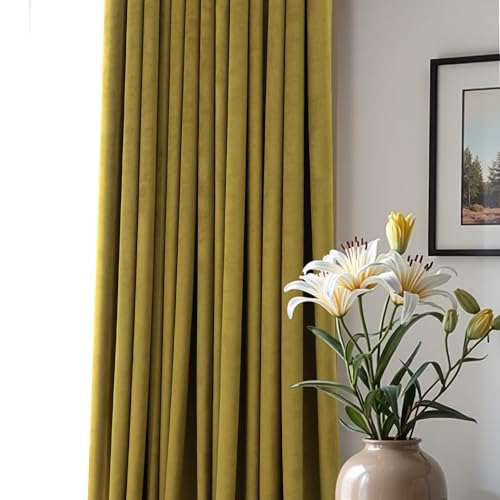 Image of Chartreuse Green Velvet Curtains 84 Inches Long 2 Panels Set for Living Room Mid Century Modern Maximalist Psychedelic Vintage Olive Green Yellow Drapes for Bedroom Wide 52 x 84 Inch Length Back Tab