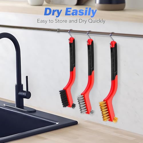 Image of Wire Brush Set, 3 Pcs Brass /Stainless Steel /Nylon Wire Brushes for Cleaning with Curved Handle Grip for Rust Removal, Dirt, Paint Scrubbing