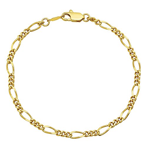 Image of The Bling Factory 3mm 14k Yellow Gold Plated Flat Figaro Chain Bracelet, 9 inches