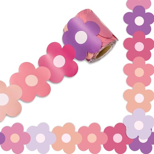 Image of Whaline 32.8ft Preppy Hippie Flower Bulletin Board Borders Y2K Pink Purple Flower Die-Cut Rolled Bulletin Board Trim for School Classroom Office Decor