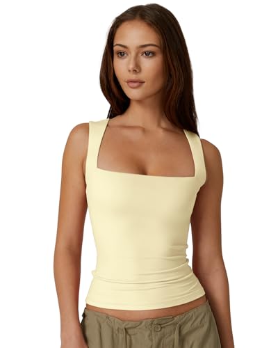 Image of QINSEN Women's Square Neck Sleeveless Double-Layer Tank Tops Basic Tight T Shirts