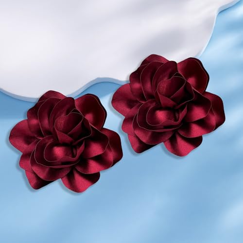 Image of 2Pcs 5in Dainty Satin Fabric Flower Brooch Extra Large Rose Camellia Flower Brooches Lapel Pins for Women Wedding Party Dance Banquet Clothes Jewelry Accessories