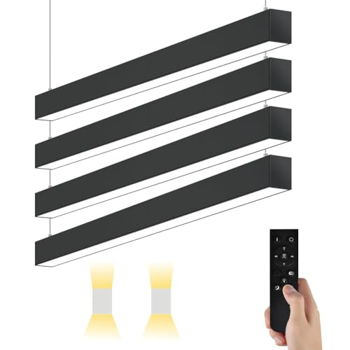 4Pack Black Remote 4FT LED Linear Light Fixture 5-60W 7800Lumens 3000K-6000K Color Changing with Remote &App 2.4G Bluetooth, Linkable Office Shop Light, Hanging & Surface Mounted, ETL Certified.