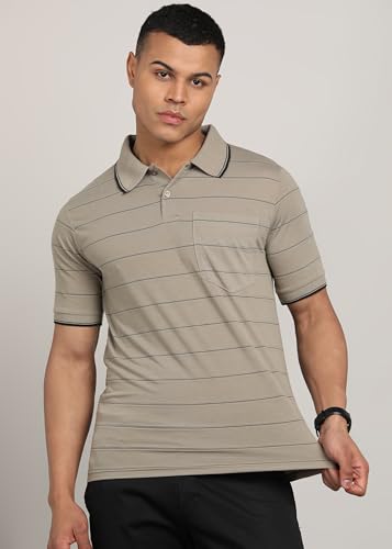 Image of INKKR Men Striped Polo Neck Cotton Blend T-Shirt