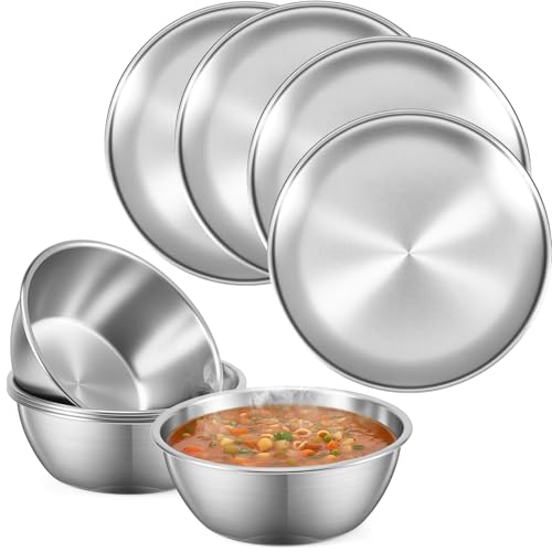Teecyhooo 8 Piece 304 Stainless Steel Plates and Bowls Sets - 9 Inch Metal Camping Plates Reusable 20oz Steel Snack Bowls Feeding Serving Dinner Dishes Double Walled Insulated for Adult (Sliver)