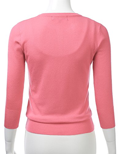 FLORIA Women's Button Down 3/4 Sleeve Crew Neck Knit Cardigan Sweater Pink S