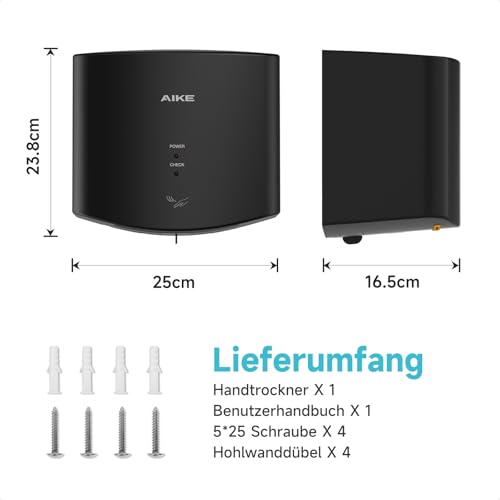 AIKE Air Wiper Kompakt Händetrockner, Hochgeschwindigkeit, 1400W 220V, Stecken & Loslegen, Papierlos & Berührungslos für Öffentliche Toiletten, AK2630S (Schwarz)