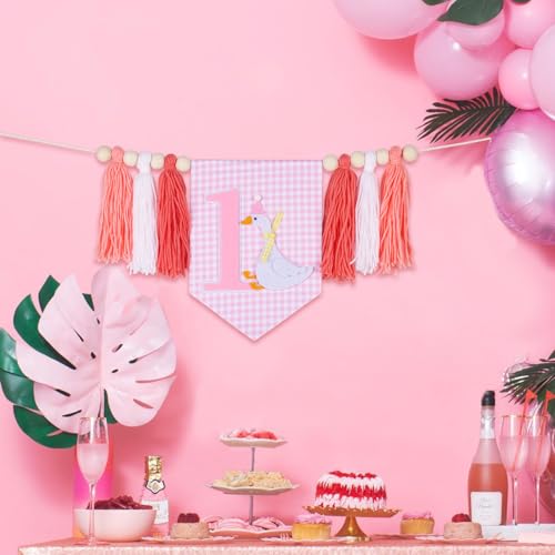 Image of Silly Goose 1st Birthday Highchair Banner - Nature-Inspired Smash Cake Garland for Baby Girl or Boy - Cute Lawn Party Decoration for One Year Old - Reusable Tassel Banner for Chair or Wall