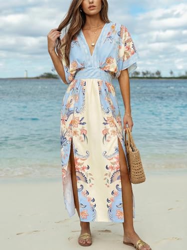 Image of CUPSHE Womens Tropical Floral Maxi Dress V Neck Short Sleeve Smocked Side Slit Dress Summer Vacation Beach Pocket Long Dress