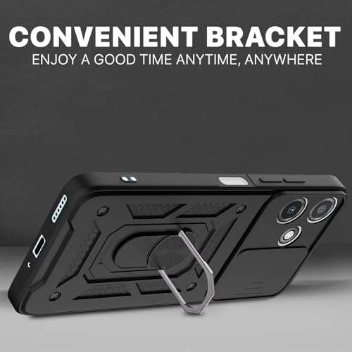 Image of Pikkme D10 Tough Armor Bumper Case | 360 Protection Case | Sliding Camera Shield Cover & Ring Holder Stand Back Cover for Redmi 12 5G / Poco M6 Pro 5G (Black)
