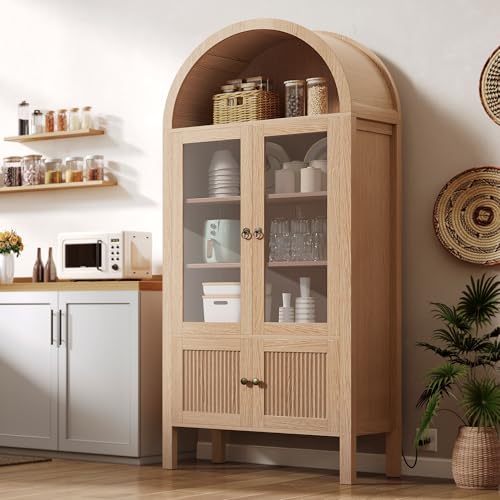 DWVO 71" Arched Cabinet Bookshelf Bookcase with LED Light/Wood Display Cabinet Cabinets with Tempered Glass Doors and Adjustable Shelves/Kitchen Pantry with Storage for Living Room,Dining Room-Natrual