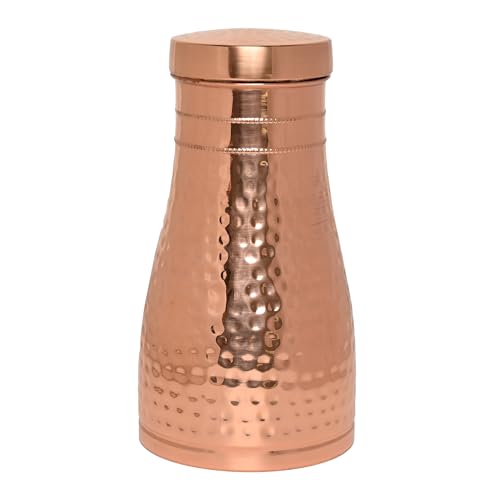 Caraffa da comodino in rame puro per benefici per la salute dell'Ayurveda - Capacità - 1 litro (33,81 once fluide americane) (martellato)