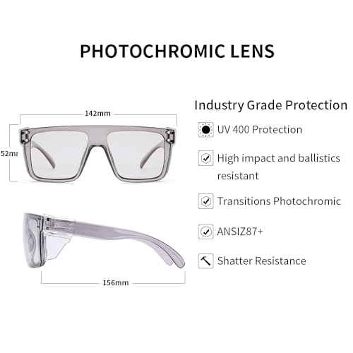 Image of UV400 Transition Photochromic Safety Glases Light to Dark Grey Lens ANSI Z87 Impact Approved