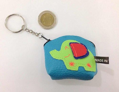 Coin Purse Keychain Blue Handmade Leather Purse Thai Elephant Bag (Free Coin Rare 10 Baht of Thailand)