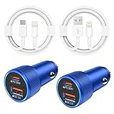 iPhone Car Charger, 2 Pack Blue Apple Fast Car Charger for iPhone [Apple MFi Certified] Dual Port PD & QC 3.0 Cigarette Lighter iPhone Car Charger Adapter Lightning Cable for iPhone 14/13/12/Pro Max