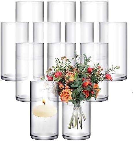 12 Pack 𝑳𝒂𝒓𝒈𝒆𝒓 Glass Cylinder Vases 6 Inch Tall Clear Flower Vase Hurricane Floating Candle Holder for Table Centerpiece Wedding Home Deco