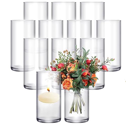 12 Pack 𝑳𝒂𝒓𝒈𝒆𝒓 Glass Cylinder Vases 6 Inch Tall Clear Flower Vase Hurricane Floating Candle Holder For Table Centerpiece Wedding Home Deco #TOP21