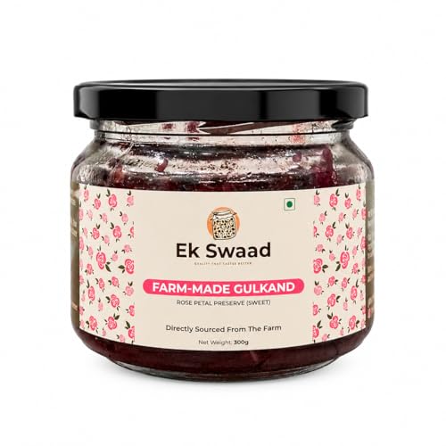 Ek Swaad Farm-Made Gulkand | Rose Petal Preserve (Sweet)/Rose Petal Jam | Sweetened Using Raw Honey & Mishri | NO Added Colour/Preservative | 300g