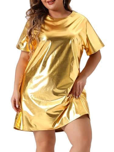 Image of Agnes Orinda Plus Size Dress for Women Metallic Round Neck Short Sleeve Party Clubwear Loose Mini T-Shirt Dress