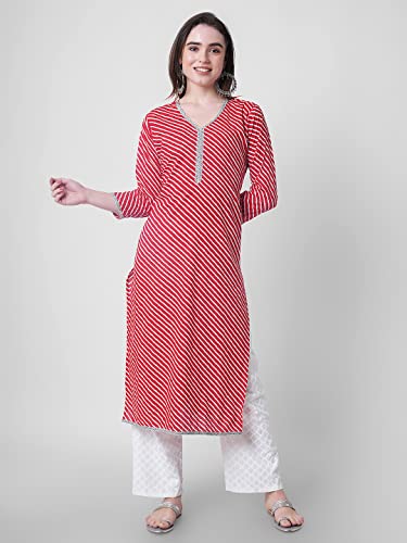 Image of YUVVIK Women's Cotton Lehariya Print Straight Kurti | Stylish Long Ethnic Kurta for Daily Pure Cotton Calf-Length Kurta for Women & Girls