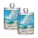 CZXW 2 Pack Apothecary Jars Sunny Beach Qtip Holder Organizer Clear Airtight Container for Cotton Swabs Food Storage 14oz Plastic Jars with Lids