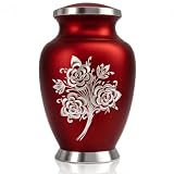Red Cremation Urn for Human Ashes Adult | Large Handcrafted Aluminum Rose Memorial Urn with Secure Threaded Lid | Elegant Funeral Urn for Women & Men, 200 Cubic Inches