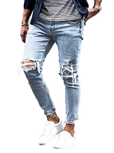 Onsoyours Herren Destroyed Jeans Biker Hose Herren Löcher Lang Jeans Denim Hose Vintage Männer Zerrissen Jeanshose Skinny Jeanshosen Bleistifthose Slim Fit E5 M
