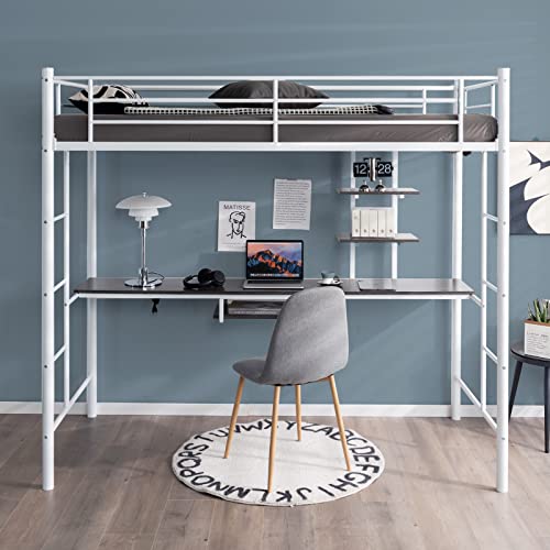 COSTWAY Letto a Soppalco in Metallo, Struttura del Letto Salvaspazio con 2 Scale e Scrivania, Letto a Doghe Ideale per Adolescenti e Adulti, 200x95x180,5 cm (Bianco)