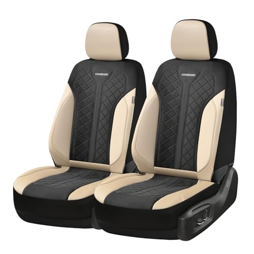 Image of Coverado Front Seat Covers, Beige Seat Covers 2 Seats, Leather Car Protectors 2-Pack, Auto Seat Covers Spill-Proof Design Universal Fit for SUV, Vans, Sedan, Truck