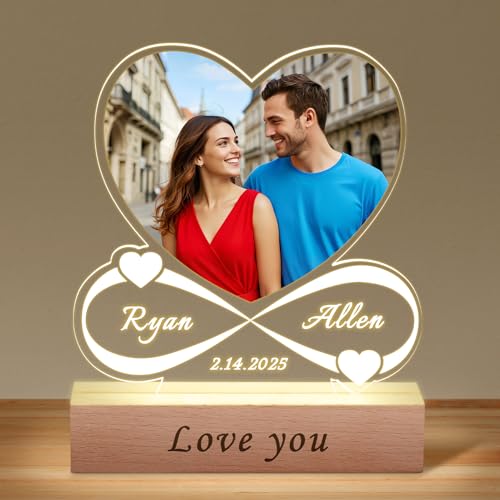Skyeasure Herzformiger Bilderrahmen mit Foto, personalisierbar, Verlobungsgeschenk, Hochzeitsgeschenk, Paar, Geschenke für Frauen und Männer, mit Nachtlicht