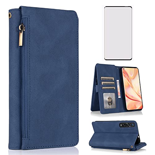 Asuwish Compatible con OPPO Find X2 Pro Wallet Case y protector de pantalla de vidrio templado Cremallera Retro Cuero Flip Cover Titular de la tarjeta Accesorios Celulares Fundas de teléfono para