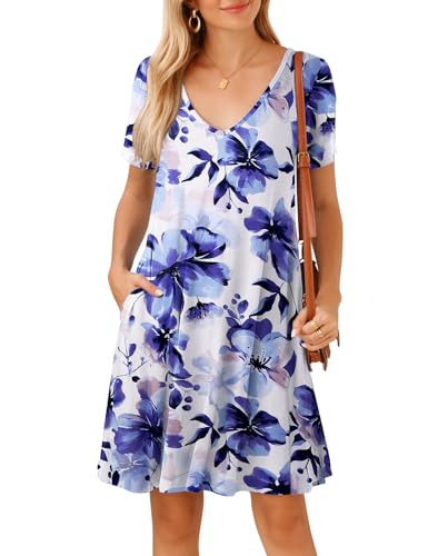 Image of JollieLovin Women T Shirt Plus Size Summer Swing Dresses Short Sleeve V Neck Loose Casual Dress(L-5X)